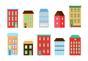 Set of vintage town buildings in geometric flat style. City constructor for background for banners, covers. Hand drawn vector illustration