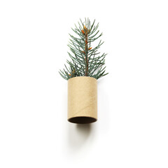Sustainable Christmas concept. Tiny pine branche in the empty toilet paper rolls on the white background. Recycling eco concept. Minimalism concept.