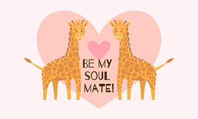Fototapeta premium Postcard with a pair of giraffes on the background of the heart. Be my other half. Postcard with animals for Valentine s Day. Giraffes in flat style hand drawn on a pink background and cute text