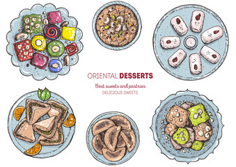 Oriental sweets vector illustration, top view. Middle eastern food, hand drawn. Food menu background. Colorful design template. EPS10