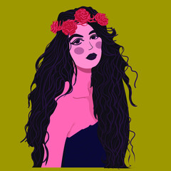 girl with curly hair and rose tiara