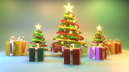 Fototapeta na wymiar A 3D rendered illustration of three Christmas trees with stars glowing golden yellow atop. Decorated with yellow and red ribbons With fluorescent yellow and silver reflective balls 
