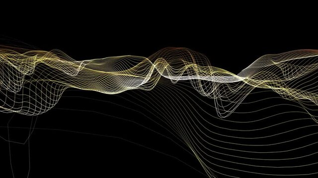 Modern design elements. Yellow abstract waves landscape rendering, 3D modulation. Modern geometric background with moving digital lines. Colorful futuristic animation. Creative graphic texture.