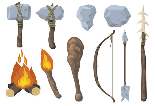 Neanderthal primitive rock weapon flat set for web design. Cartoon ancient arrow, bow, axe, mace, spear isolated vector illustration collection. Stone age tools and evolution concept