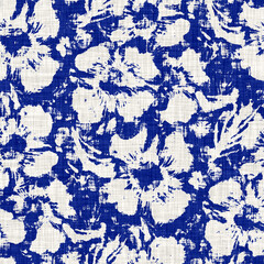 Indigo blue floral motif on linen texture background. Hand drawn dye batik bloom bouquet seamless pattern. Modern rustic coastal wedding flower textile backdrop. Summer nautical ditsy home decor. 
