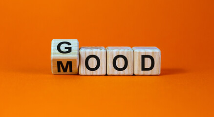 Good mood symbol. Fliped a wooden cube and changed the word 'good' to 'mood'. Beautiful orange...