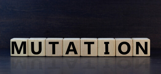 Mutation symbol. Wooden cubes with word 'mutation'. Male hand. Beautiful grey background. Medical and mutation concept. Copy space.