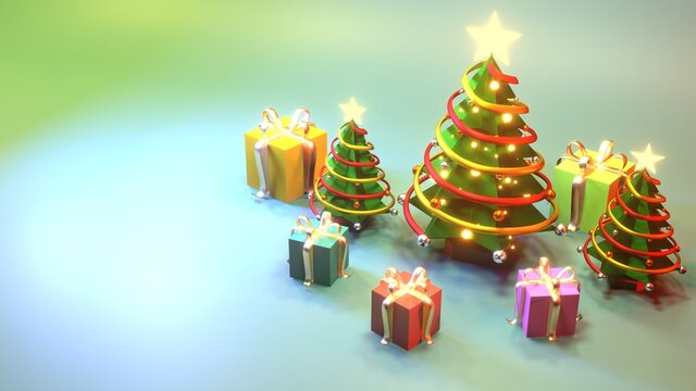 A 3D rendered illustration of three Christmas trees with stars glowing golden yellow atop. Decorated with yellow and red ribbons With fluorescent yellow and silver reflective balls 