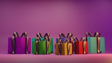 3D rendering illustration of a beautiful multicolored New Year festival gift box On a purple tone background