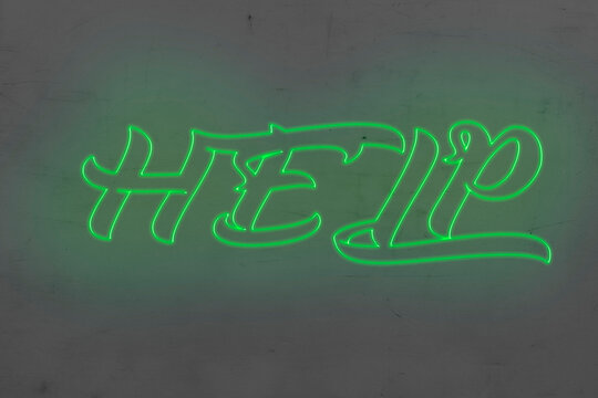 Neon HELP Word With Green Letters. Vector Illustration. Lights.