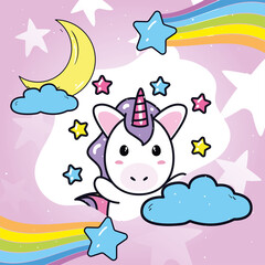 unicorn horse cartoon with rainbow stars moon and clouds vector design