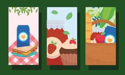 picnic food icon set inside labels vector design