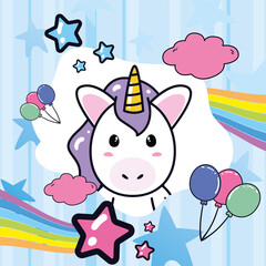 unicorn horse cartoon with balloons stars rainbows and clouds vector design