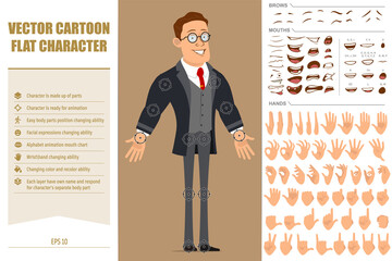Cartoon flat funny strong business man character in black coat and tie. Ready for animation. Face expressions, eyes, brows, mouth and hands easy to edit. Isolated on brown background. Big vector set.
