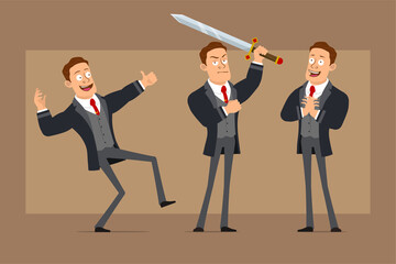 Cartoon flat funny strong business man character in black coat and tie. Boy posing, holding big sword and showing thumbs up sign. Ready for animation. Isolated on brown background. Vector set.