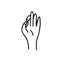 Mudra of knowledge. Position of fingers in meditation. Gyan mudra. Icon black and white vector illustration isolated doodle. Yoga gesture hands