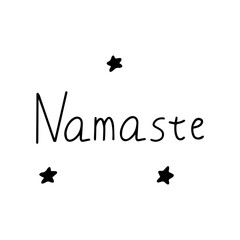 Namaste. Indian greeting in Hindi. Black and white vector illustration isolated doodle. Handwritten lettering with stars