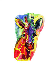 Naklejka premium watercolor drawing cute colorful giraffe