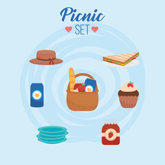 picnic basket and icon set vector design
