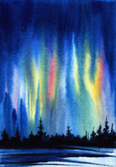 Fantastic watercolor landscape of polar night. Amazing bright shining of rainbow colors against darkness of night. Black blurry silhouettes of coniferous forest and bare snowfield. Northern lights