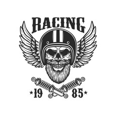Bearded skull in racer helmet with wings and crossed springs. Design element for logo, label, sign, emblem, poster, t shirt. Vector illustration