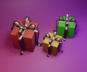 3D rendering illustration of a beautiful multicolored New Year festival gift box On a purple tone background