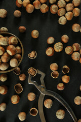 Hazelnuts on wooden backdrop. heap or stack of hazelnuts. healty food