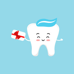 Tooth with gift bonus card. Dentistry loyalty program concept. Cute dental teeth character hold special voucher with red bow. Flat design cartoon style vector advertising offer illustration. 