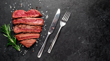 Different degrees of roasting beef steak in heart shape with spices on a stone background with a copy of the space for your text.