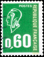 Postage stamp issued in the France with the image of the Marianne. From the series on Marianne type Bequet,  1974