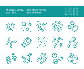 Thin line icon set with bacterium, virus, microbe. 64x64 Pixel Perfect. Editable Stroke.