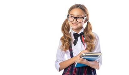 Cheerful little girl schoolgirl on a white background.