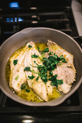Fish Cooking in Ceramic Pan with Olive Oil