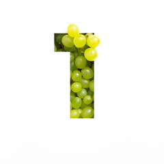 Number one of green grape and paper cut in shape of first numeral isolated on white. Natural typeface of fresh berries