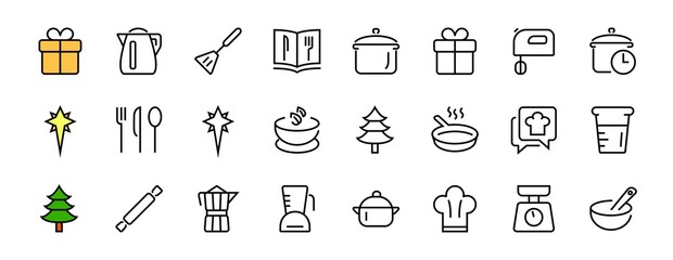 Fototapeta premium Set of icons for cooking and kitchen, vector lines, contains icons such as a knife, saucepan, boiling time, mixer, scales, recipe book. Editable stroke, perfect 480x480 pixels, white background