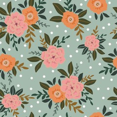 seamless vector repeat floral pattern in a vintage style with white polka dots on a duck egg blue background