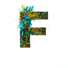Letter F of English alphabet of shiny tinsel and paper cut isolated on white. Festive typeface for celebration design