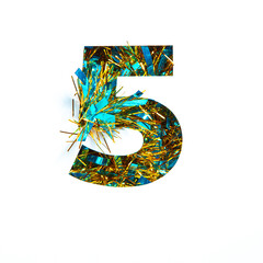 Celebration typeface, festive number five of glittering tinsel, paper cut in shape of fifth numeral...