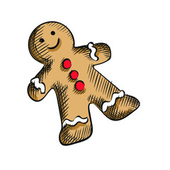 Water color Hand-drawn sketch of Gingerbread man on a white background. New year attributes. Chrristmas celebration. Winter holidays. New year decoration