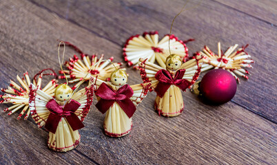 Christmas Card with Wooden Angel Tree Toys .Christmas Concept