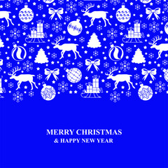 Vector illustrations of Christmas greeting card with deer, fir and gifts on blue background