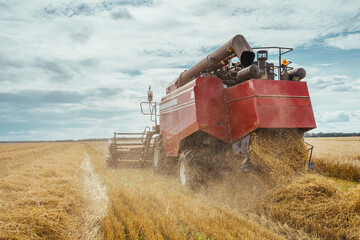 Combine harvester harvests ripe wheat. Concept of a rich harvest. Agriculture image