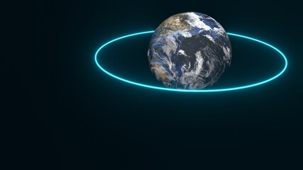 A 3D rendered illustration of a globe with a model atmosphere and a blue glow ring surrounded on a black background