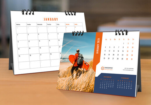 2021 Desk Calendar Planner Layout with Orange and Blue Accents
