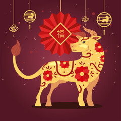 Chinese new year 2021 bull with red ornament hanging vector design