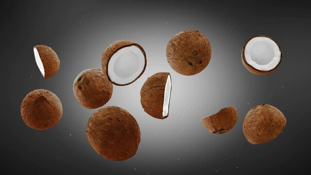 Flying of Coconuts and Slices in brown Background. Speed up and falling down coconuts with green screen. Professional slow motion 4K animation.
