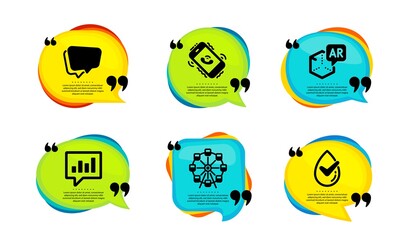 Analytical chat, Speech bubble and Call center icons simple set. Speech bubble with quotes. Augmented reality, Ferris wheel and Dermatologically tested signs. Vector