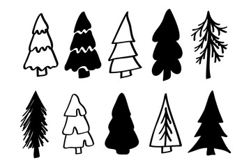 Set Christmas forest tree fir-tree icon. Simple doodles black white illustration in scandinavian style for design and decoration textile, covers, package, wrapping pape. Vector isolated