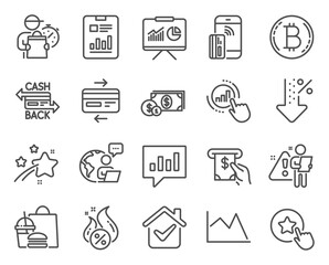 Finance icons set. Included icon as Analytical chat, Bitcoin, Atm service signs. Report document, Contactless payment, Graph chart symbols. Credit card, Dollar money, Line chart. Hot loan. Vector