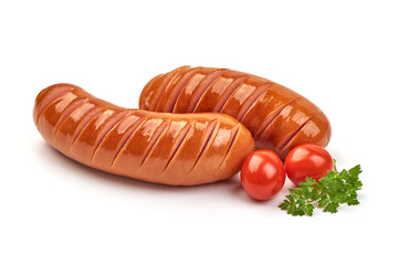 Fried pork sausages, isolated on white background